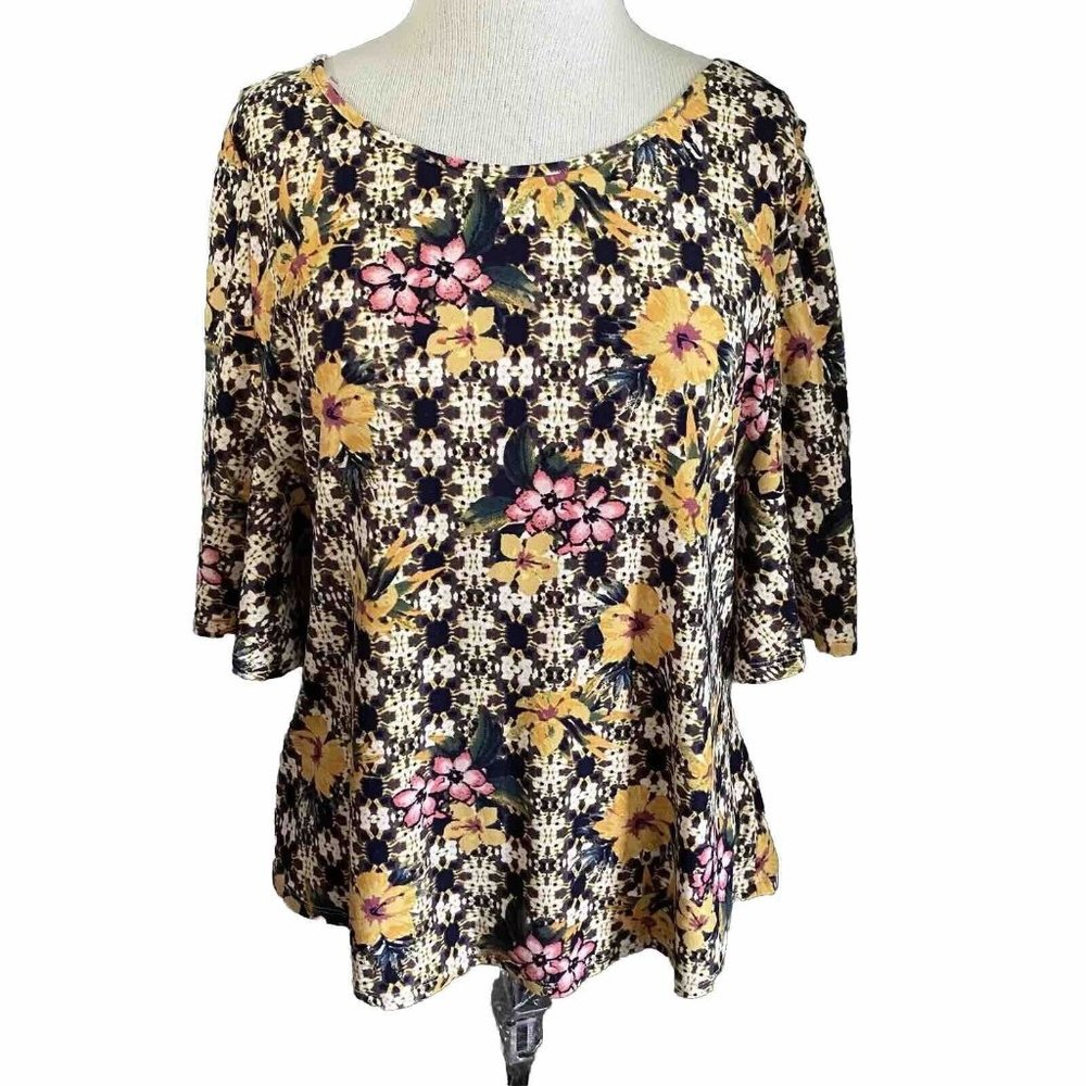Allison Brittney Blouse Size Large Cold Shoulder Floral Print Yellow Black Top